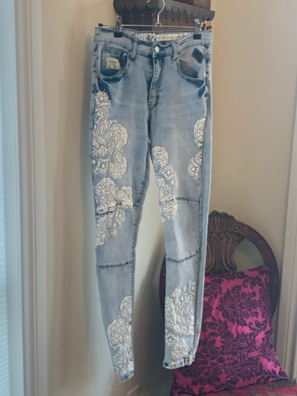 Reason Brand Paisley Patch Jeans Women’s 32 Boho Festival Slim Fit Stretch Denim